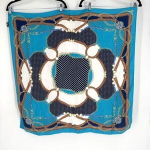 Vintage Ninto 100%‎ Silk Square Hand Rolled Scarf Equestrian Blue Turquoise